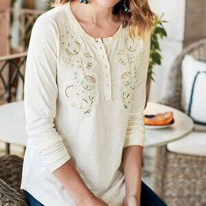 NEW Soft Surroundings Safiya Tee Ivory XS Embroidery Patch Henley 100%Cotton $80